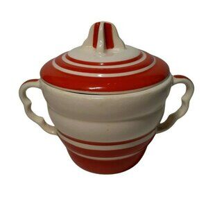 Antique Sebring Pottery Sugar Bowl with Lid Red Stripe United States 1930 -1940